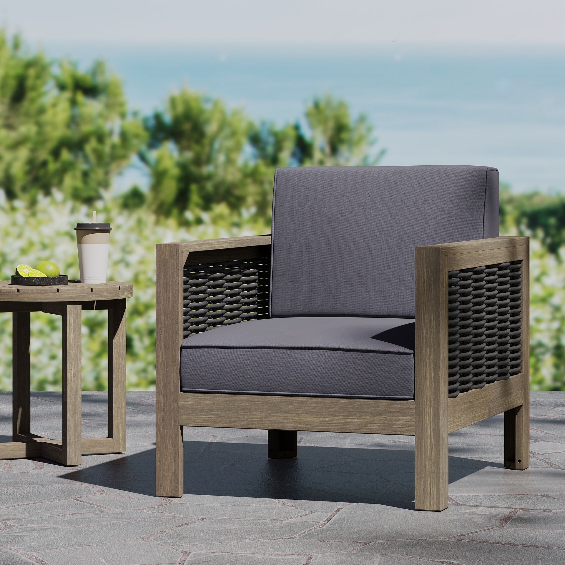 Outdoor Acacia Wood Club Chair with Wicker Accents, Gray + Mixed Gray + Brown, 30.25"D x 27.5"W x 23.75"H