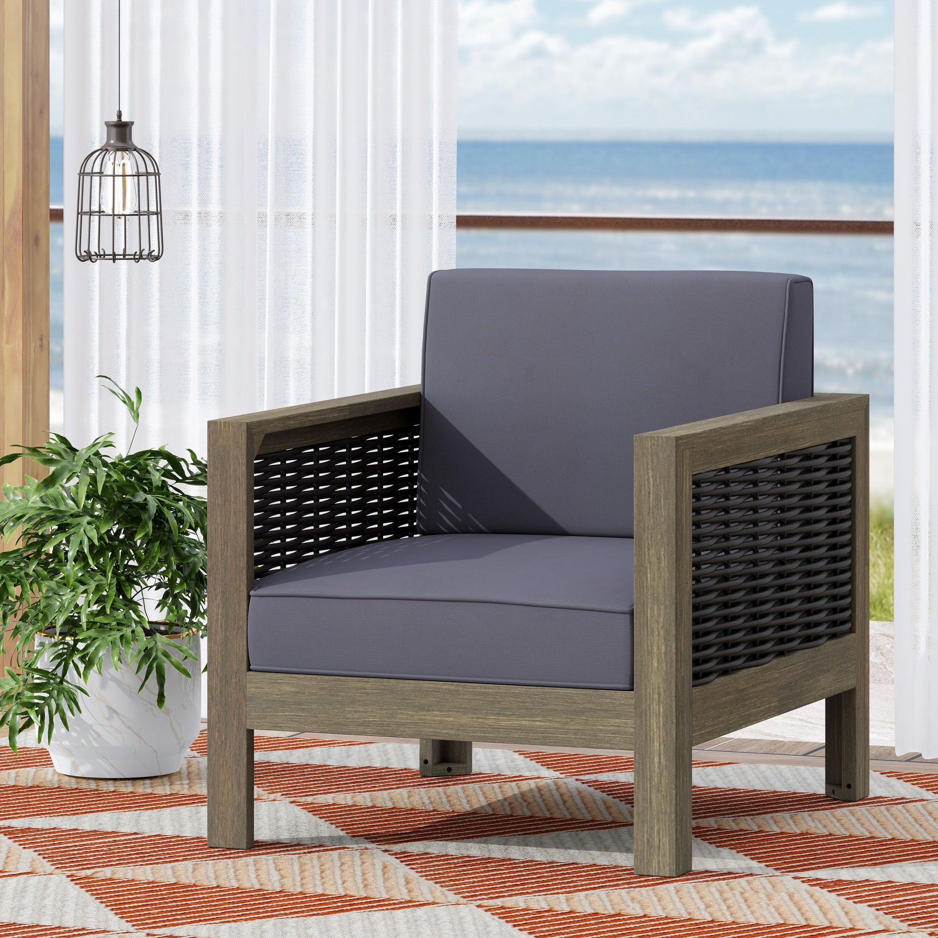 Outdoor Acacia Wood Club Chair with Wicker Accents, Gray + Mixed Gray + Brown, 30.25"D x 27.5"W x 23.75"H