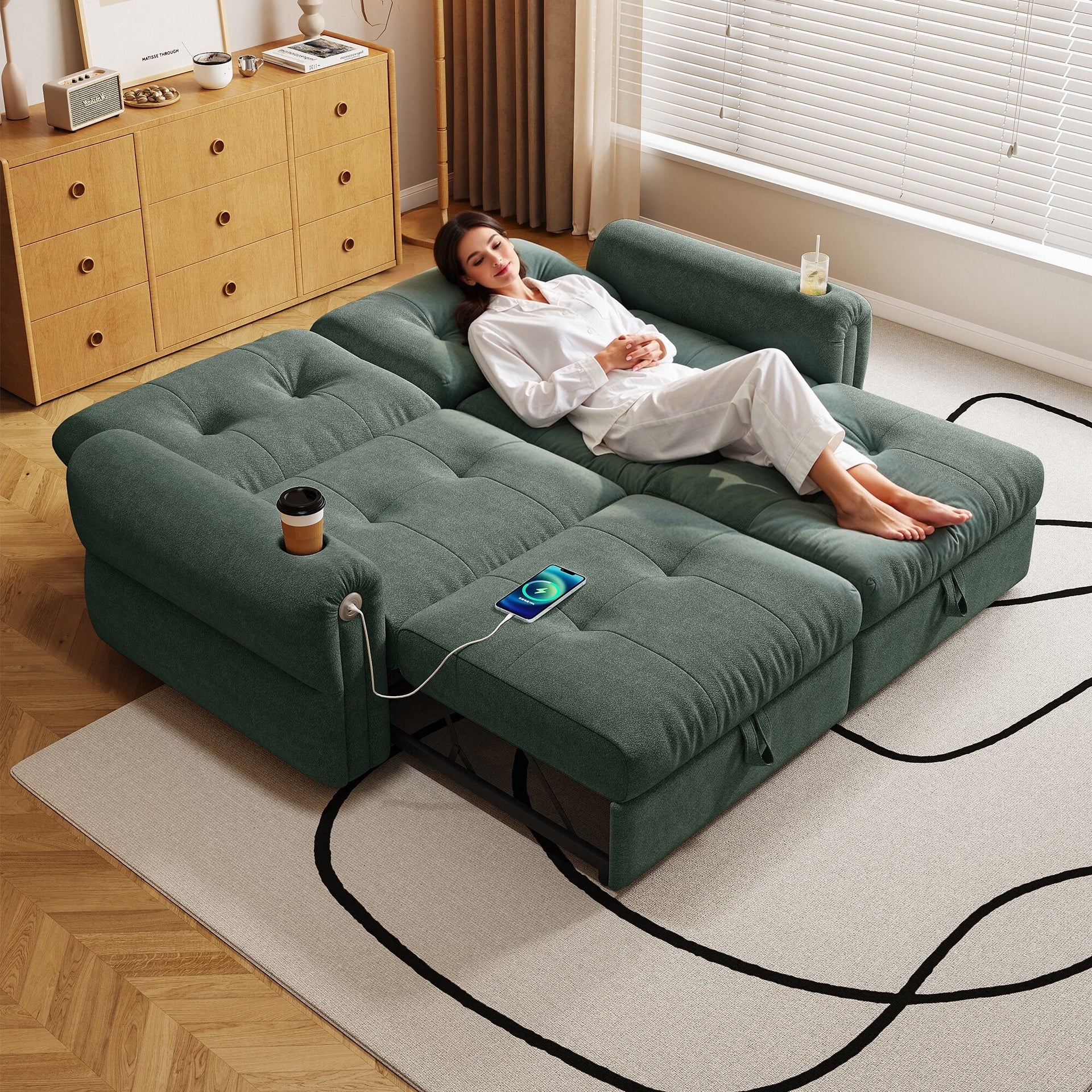 It is a multi-functional sofa, a 80.4-inch convertible sofa bed, and a 2-in-1 piece suitable for both sitting and lying down. Made of  Sheneyron fabric, it is suitable for living rooms, bedrooms