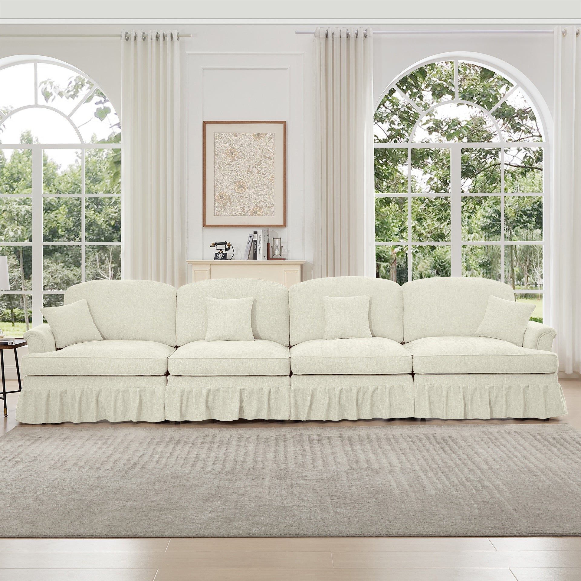 Elegant Mid Century Large 4 Seater Sofa Couch with Flared Arms and Removable Ruffles Pleats Skirts and Spindle Legs, Comfy Chenille Four-Seat Sofa for Living Room, Beige White