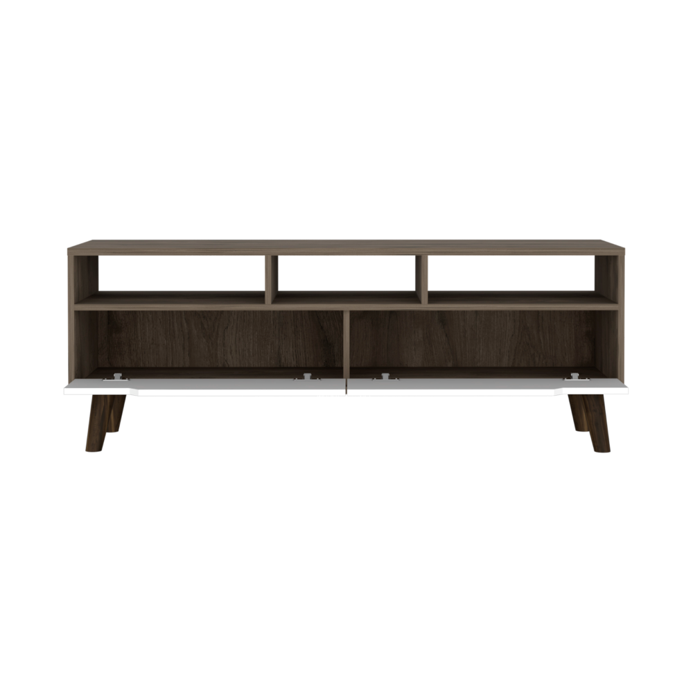 Tv Stand for TV´s up 52", Three Open Shelves, Two Flexible Drawers, Dark Walnut / White