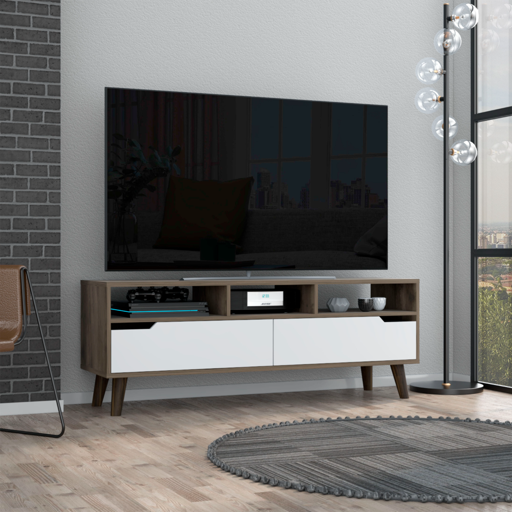 Tv Stand for TV´s up 52", Three Open Shelves, Two Flexible Drawers, Dark Walnut / White