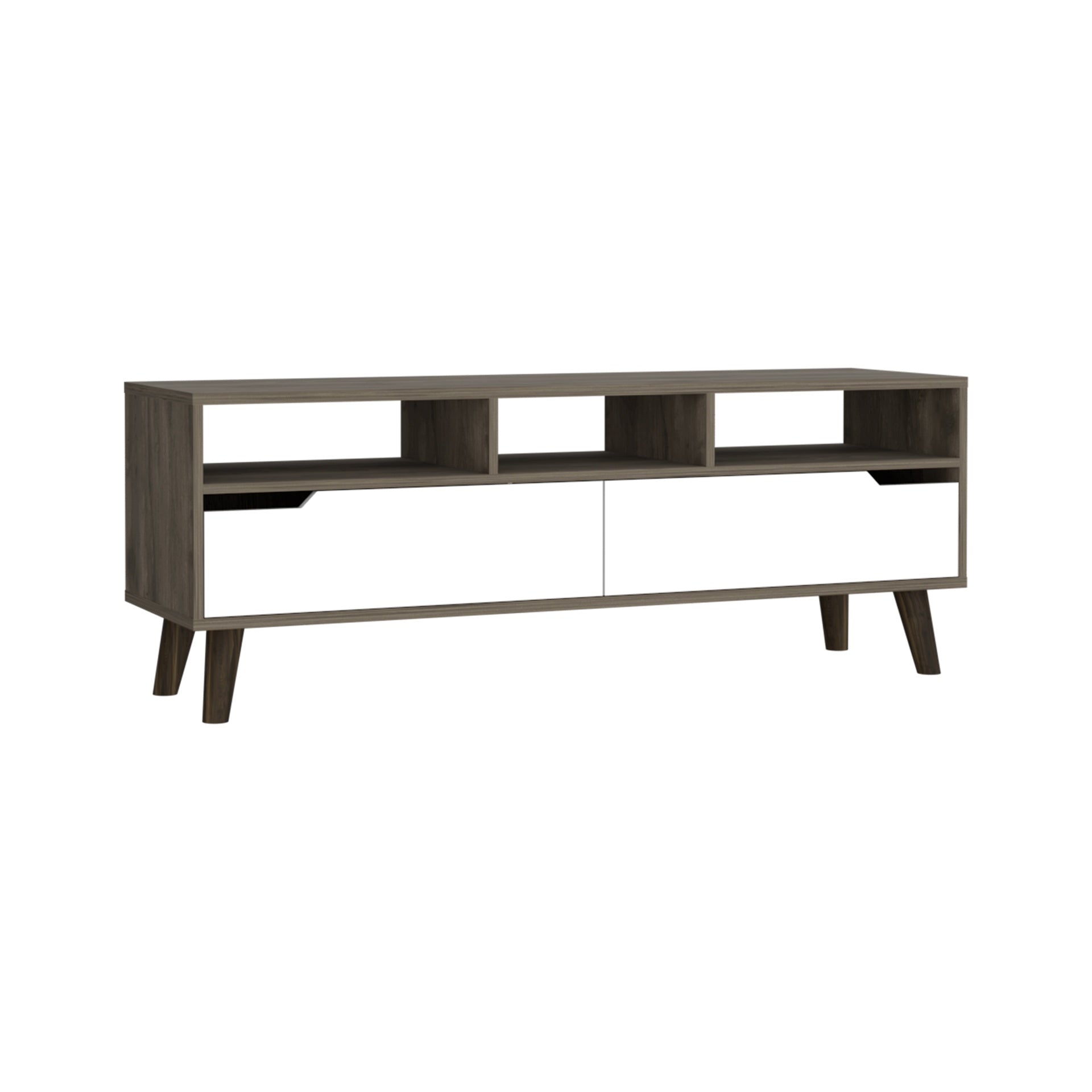 Tv Stand for TV´s up 52", Three Open Shelves, Two Flexible Drawers, Dark Walnut / White