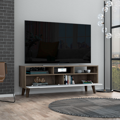 Tv Stand for TV´s up 52", Three Open Shelves, Two Flexible Drawers, Dark Walnut / White