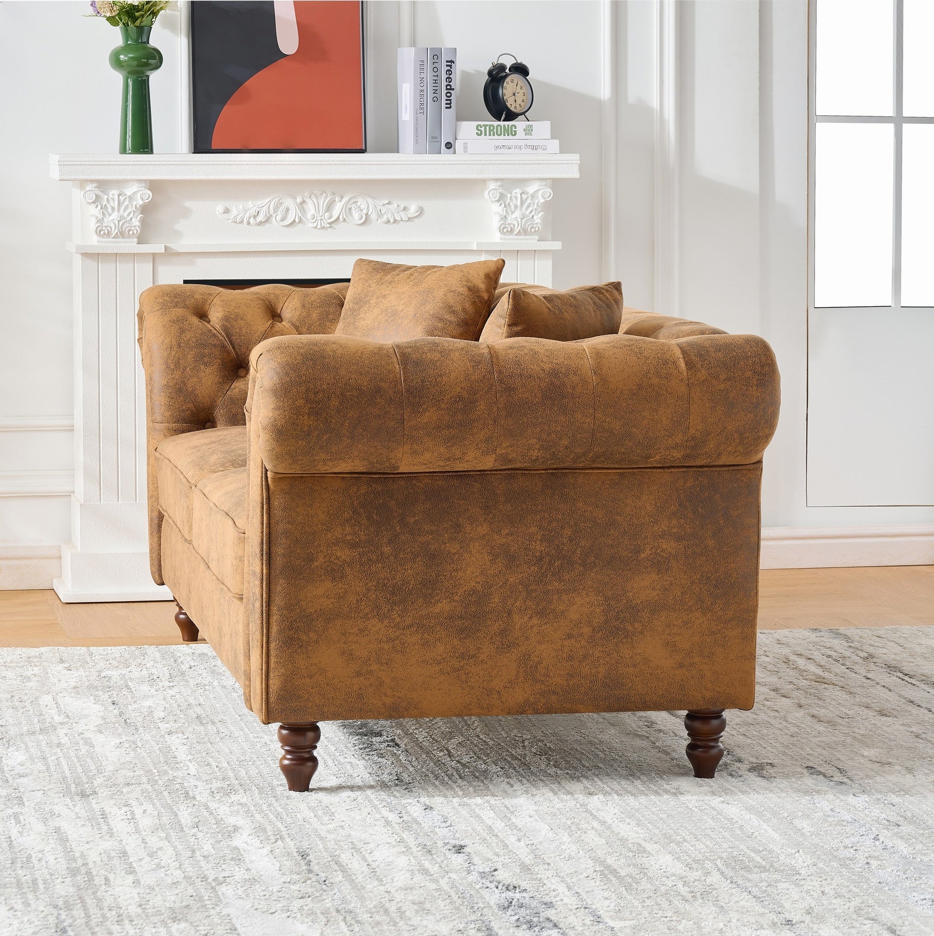 80"Chesterfield ‌tech Fabric Sofa,High-tech Fabric Roll Armrest Sofa,Upholstered Mid Century Modern Couch,3 Seater Couch for Living Room, Office, Apartment, Brown.