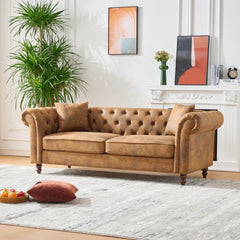80"Chesterfield ‌tech Fabric Sofa,High-tech Fabric Roll Armrest Sofa,Upholstered Mid Century Modern Couch,3 Seater Couch for Living Room, Office, Apartment, Brown.
