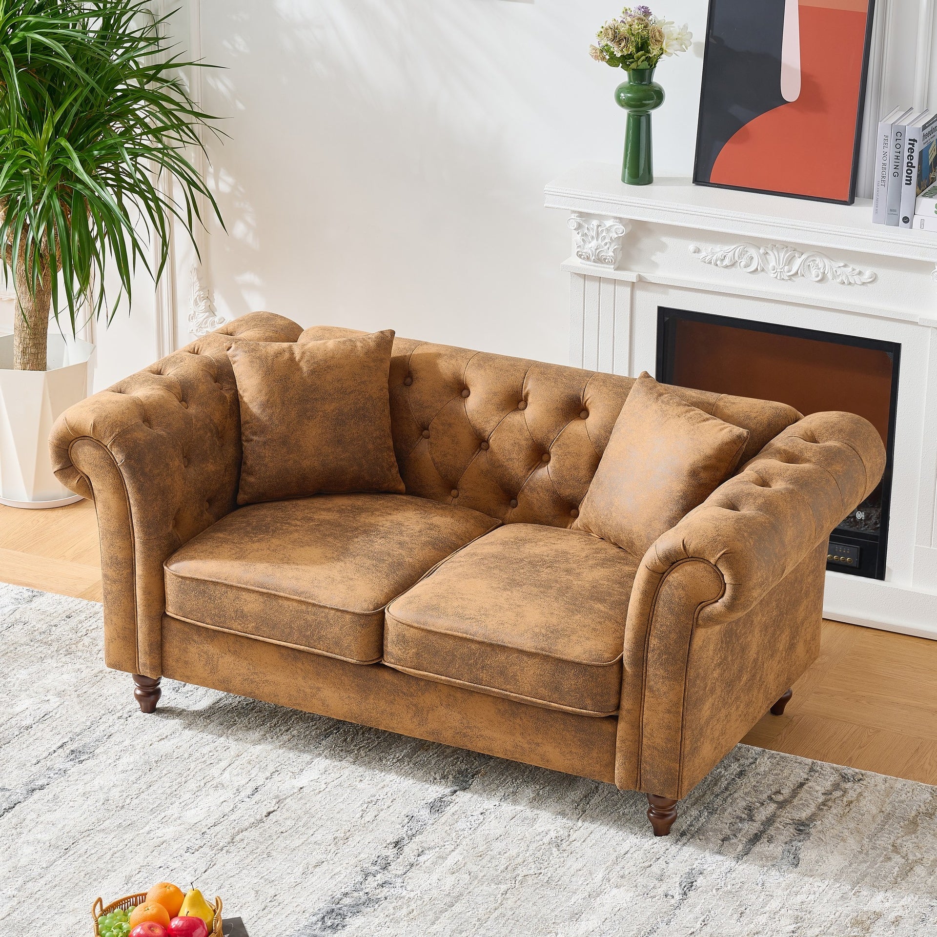 63"Chesterfield ‌tech Fabric Sofa,High-tech Fabric Roll Armrest Sofa,Upholstered Mid Century Modern Couch,2 Seater Couch for Living Room, Office, Apartment, Brown