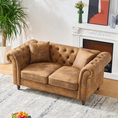 63"Chesterfield ‌tech Fabric Sofa,High-tech Fabric Roll Armrest Sofa,Upholstered Mid Century Modern Couch,2 Seater Couch for Living Room, Office, Apartment, Brown