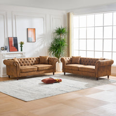 3 Seat+3 S Sofa Set Chesterfield ‌tech Fabric Sofa,High-tech Fabric Roll Armrest Sofa,Upholstered Mid Century Modern Couch,3+3 Seater Combo Couch for Living Room, Office, Apartment, Brown