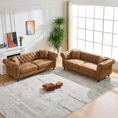 3 Seat+3 S Sofa Set Chesterfield ‌tech Fabric Sofa,High-tech Fabric Roll Armrest Sofa,Upholstered Mid Century Modern Couch,3+3 Seater Combo Couch for Living Room, Office, Apartment, Brown