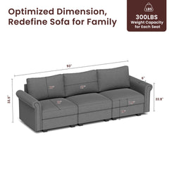Modular Sectional Sofa, Modern Modern Three-Seater Sofa with Pillows and Storage, Wide & Deep Seat Sectional Couches for Living Room, Apartment, Studio, Office