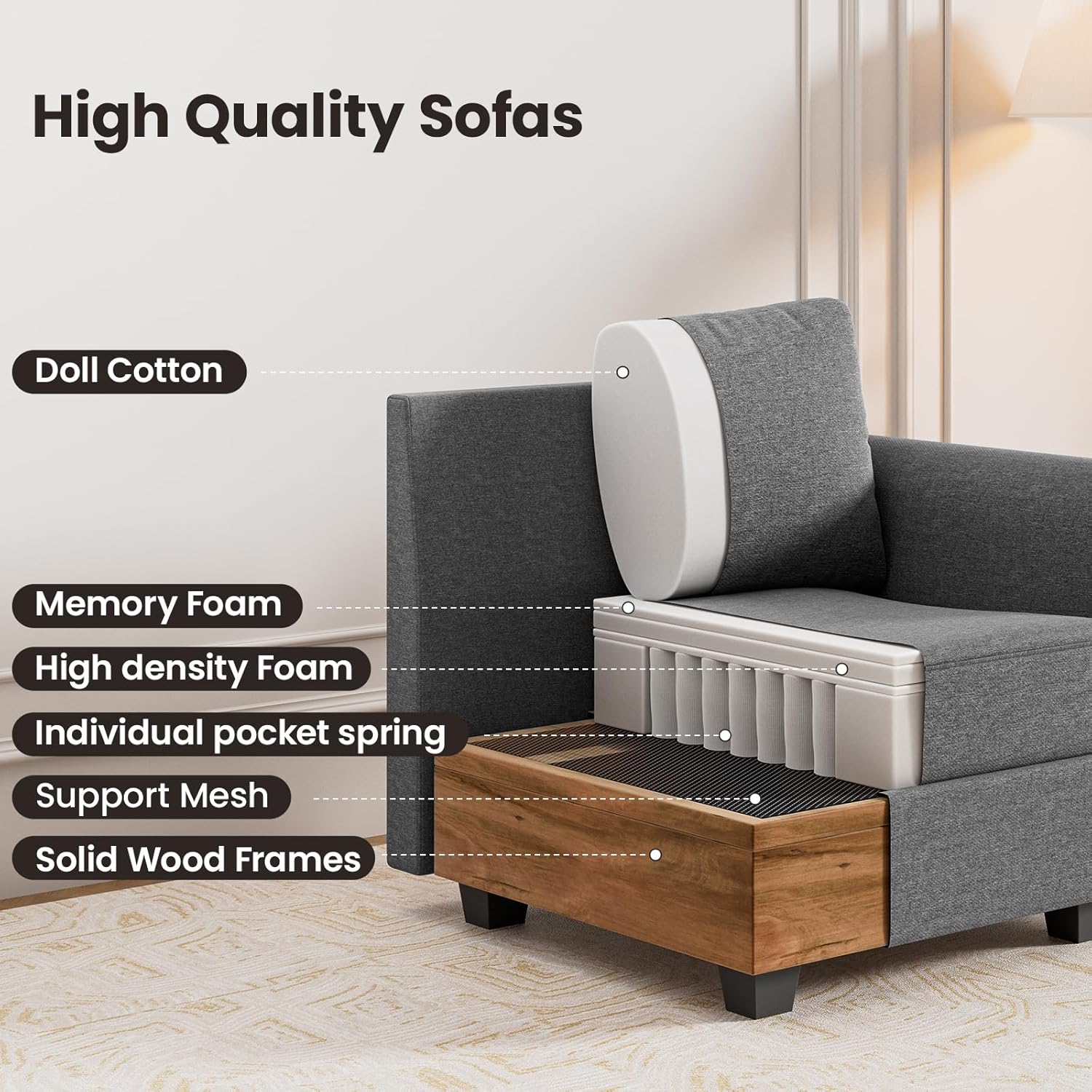 Modular Sectional Sofa, Modern Modern Three-Seater Sofa with Pillows and Storage, Wide & Deep Seat Sectional Couches for Living Room, Apartment, Studio, Office