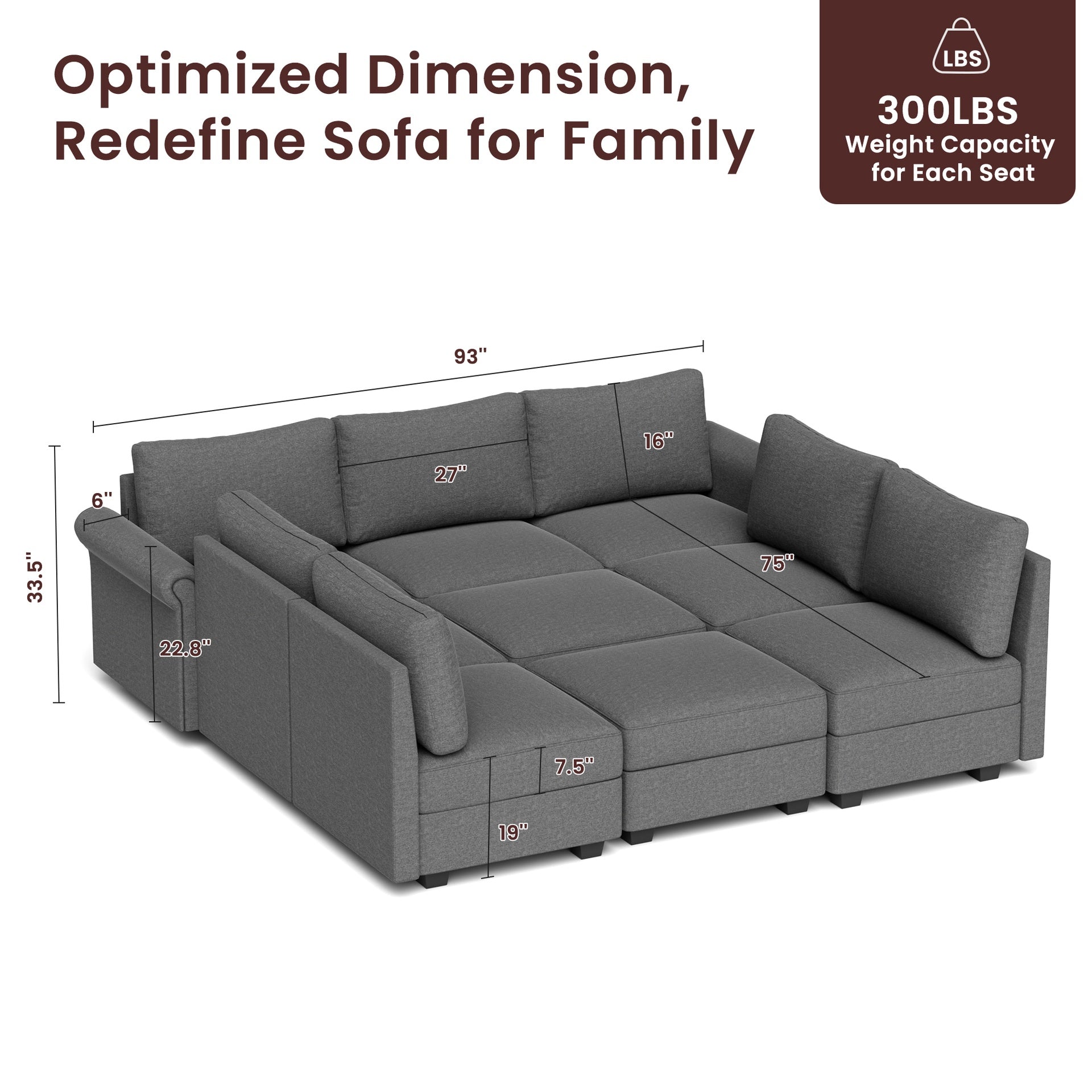 Modern 7-Seater U-Shaped Sofa with 2 Chaise Lounges, Convertible U Shaped Sofa Couch with with Storage, Comfy Modular Sofa Couch for Bedroom, Living Room, Office