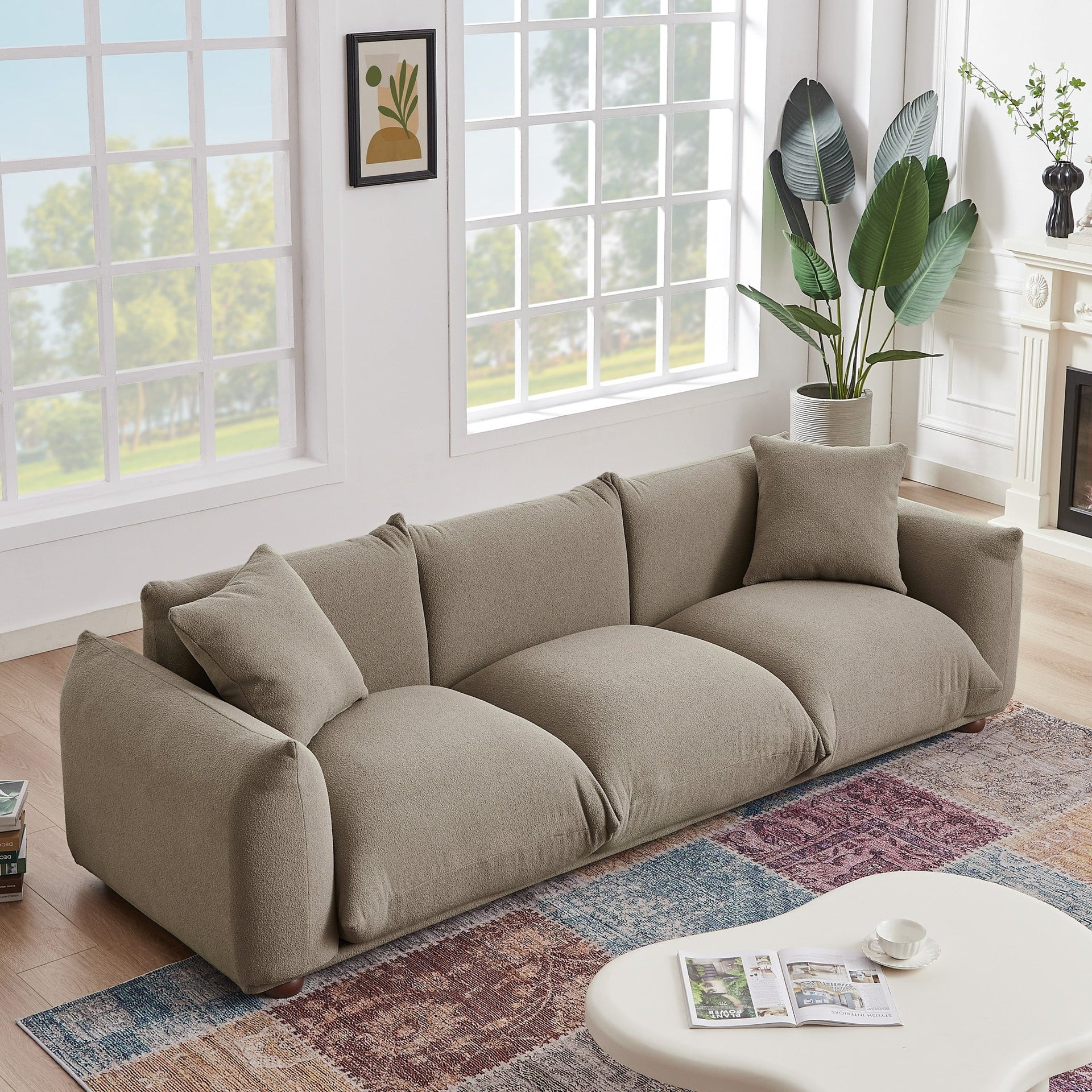 Kely 100'' Mocha Boucle Upholstered Sofa 29.1"H x 100"W x 35.8"D 3 Seater Sofa Comfy Couches for Living Room