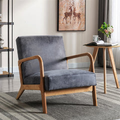 Classic Mid Century Modern Accent Chairs for Living Room or Bedroom, Espresso Finish Open-Framed Armchair with Plush Cushioning and Microfiber Upholstery, Light Gray