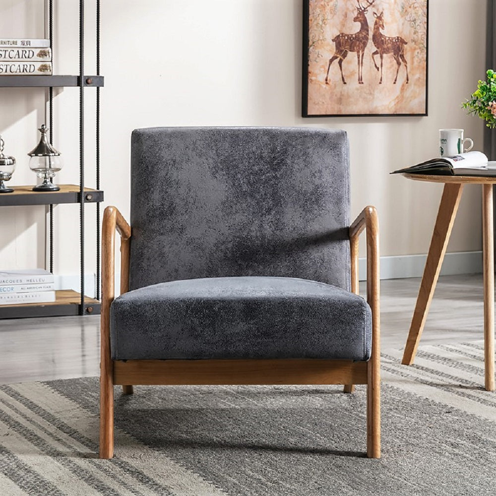 Classic Mid Century Modern Accent Chairs for Living Room or Bedroom, Espresso Finish Open-Framed Armchair with Plush Cushioning and Microfiber Upholstery, Light Gray