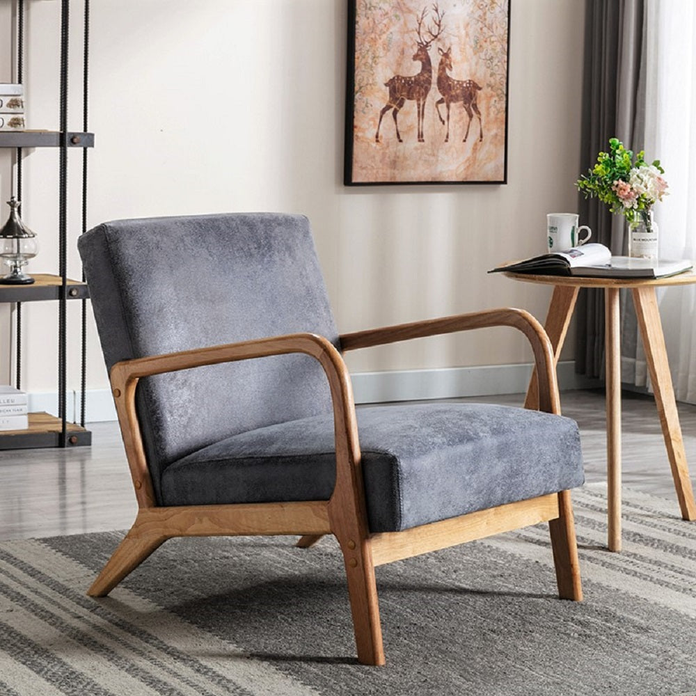 Classic Mid Century Modern Accent Chairs for Living Room or Bedroom, Espresso Finish Open-Framed Armchair with Plush Cushioning and Microfiber Upholstery, Light Gray