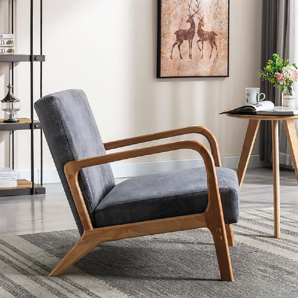 Classic Mid Century Modern Accent Chairs for Living Room or Bedroom, Espresso Finish Open-Framed Armchair with Plush Cushioning and Microfiber Upholstery, Light Gray