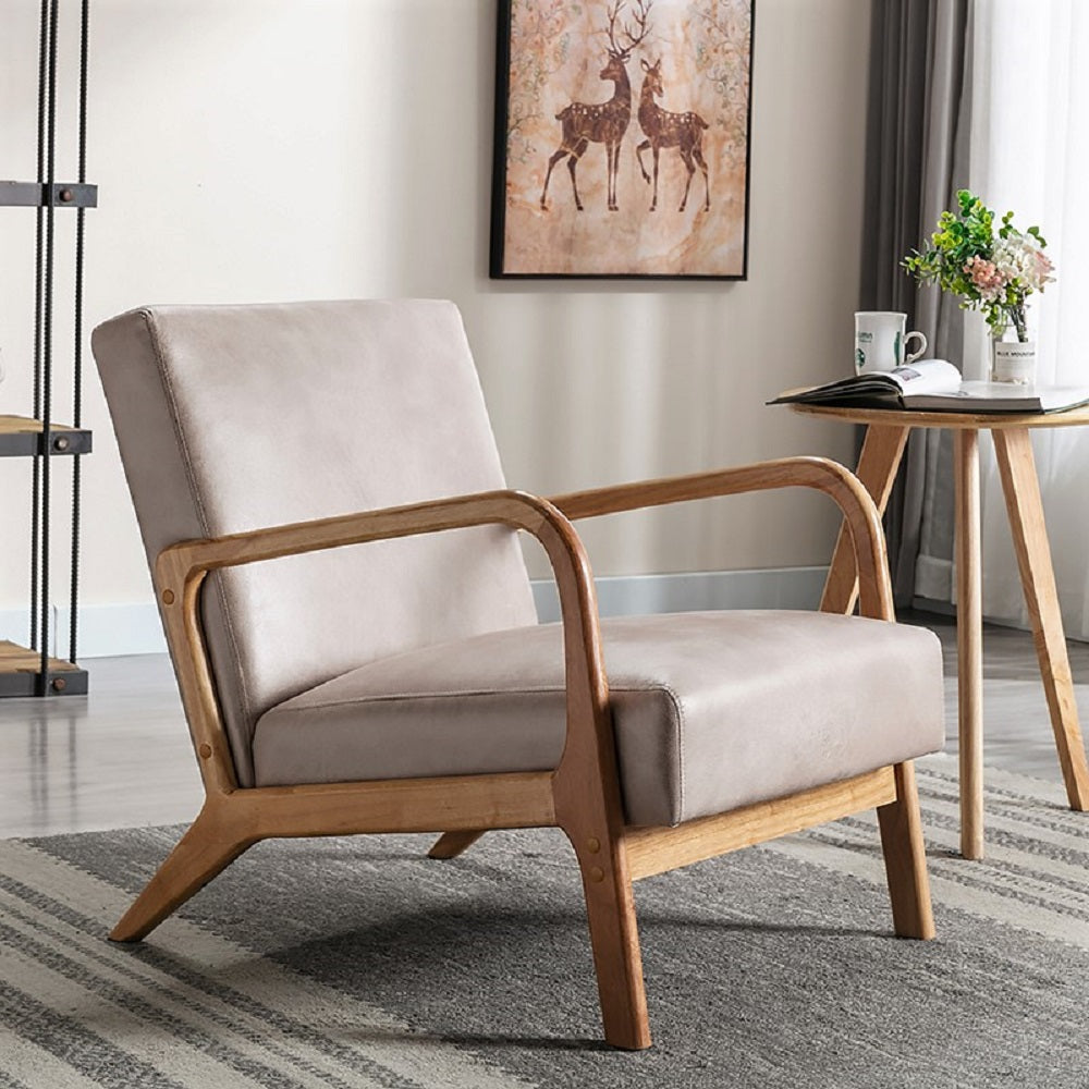 Classic Mid Century Modern Accent Chairs for Living Room or Bedroom, Espresso Finish Open-Framed Armchair with Plush Cushioning and Microfiber Upholstery, Light Camel