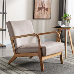Classic Mid Century Modern Accent Chairs for Living Room or Bedroom, Espresso Finish Open-Framed Armchair with Plush Cushioning and Microfiber Upholstery, Light Camel