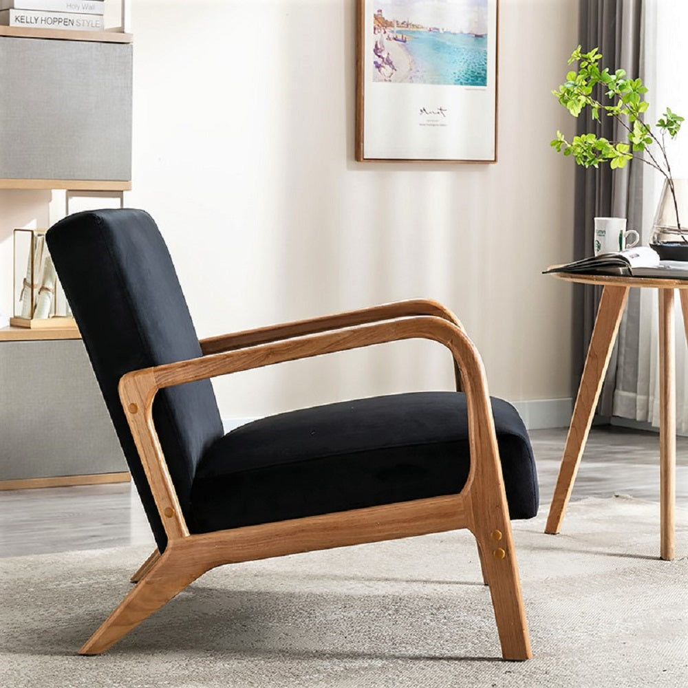 Classic Mid Century Modern Accent Chairs for Living Room or Bedroom, Espresso Finish Open-Framed Armchair with Plush Cushioning and Velvet Fabric, Black