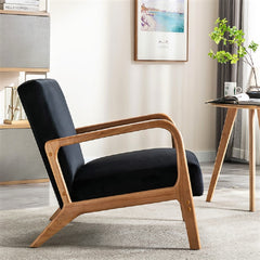 Classic Mid Century Modern Accent Chairs for Living Room or Bedroom, Espresso Finish Open-Framed Armchair with Plush Cushioning and Velvet Fabric, Black