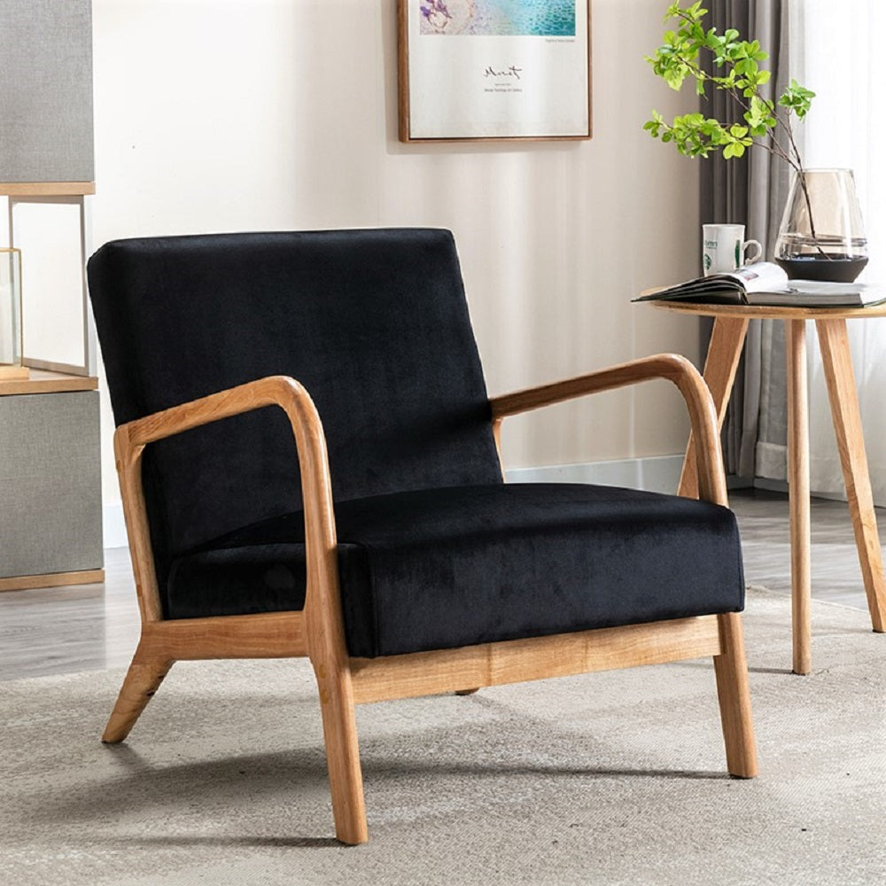 Classic Mid Century Modern Accent Chairs for Living Room or Bedroom, Espresso Finish Open-Framed Armchair with Plush Cushioning and Velvet Fabric, Black