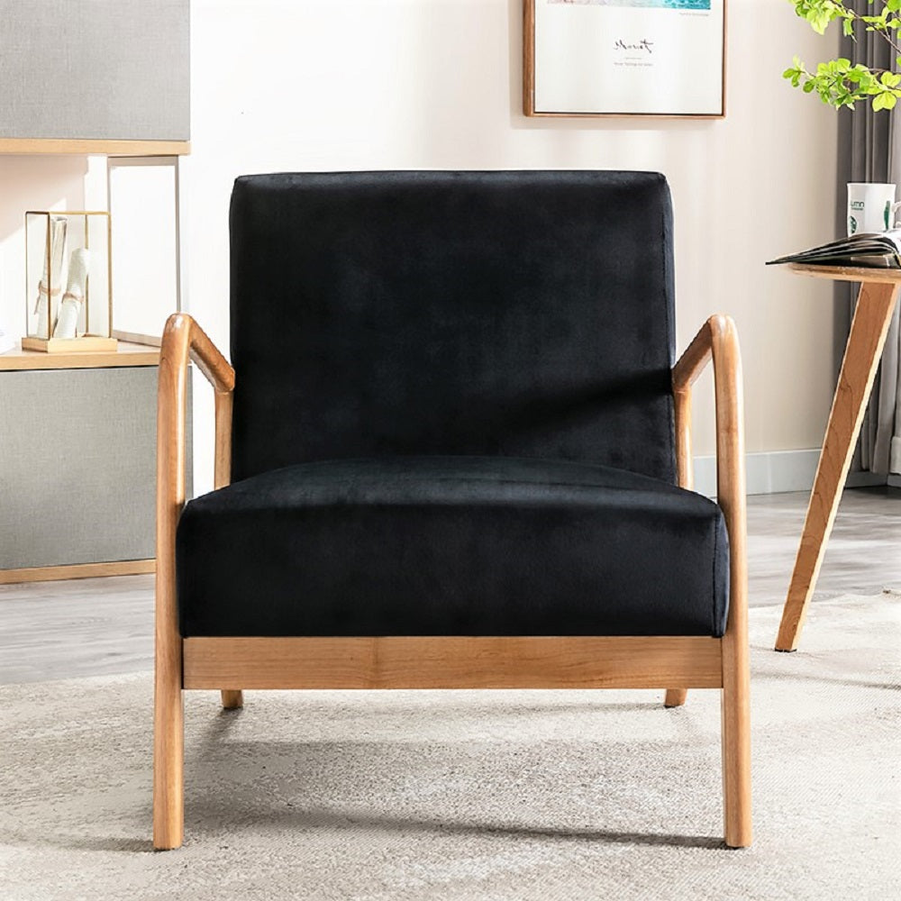 Classic Mid Century Modern Accent Chairs for Living Room or Bedroom, Espresso Finish Open-Framed Armchair with Plush Cushioning and Velvet Fabric, Black