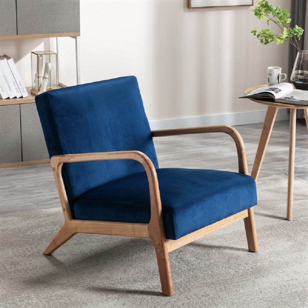 Classic Mid Century Modern Accent Chairs for Living Room or Bedroom, Espresso Finish Open-Framed Armchair with Plush Cushioning and Velvet Fabric, Blue