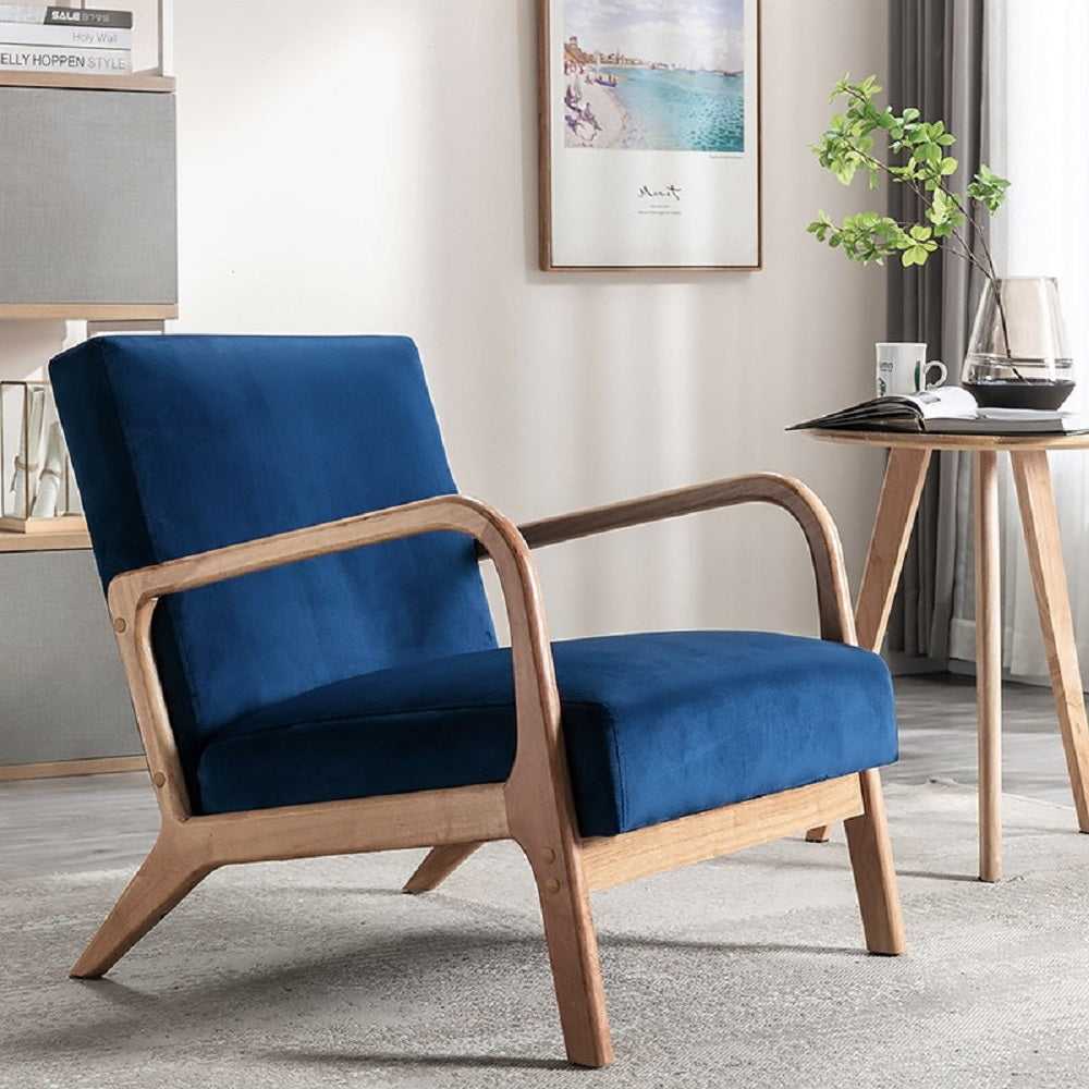 Classic Mid Century Modern Accent Chairs for Living Room or Bedroom, Espresso Finish Open-Framed Armchair with Plush Cushioning and Velvet Fabric, Blue