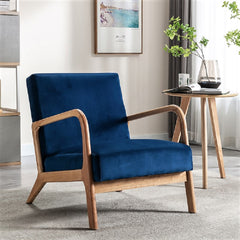 Classic Mid Century Modern Accent Chairs for Living Room or Bedroom, Espresso Finish Open-Framed Armchair with Plush Cushioning and Velvet Fabric, Blue