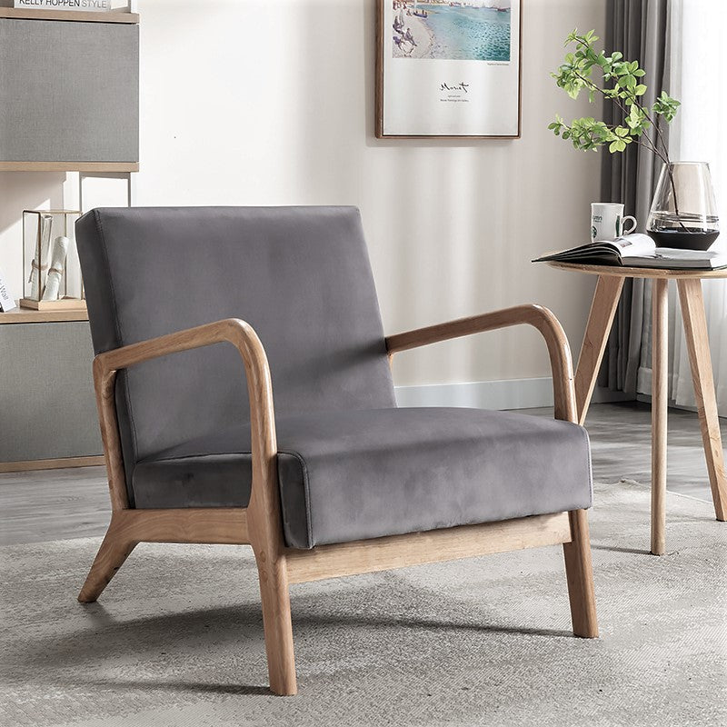 Classic Mid Century Modern Accent Chairs for Living Room or Bedroom, Espresso Finish Open-Framed Armchair with Plush Cushioning and Velvet Fabric, Gray