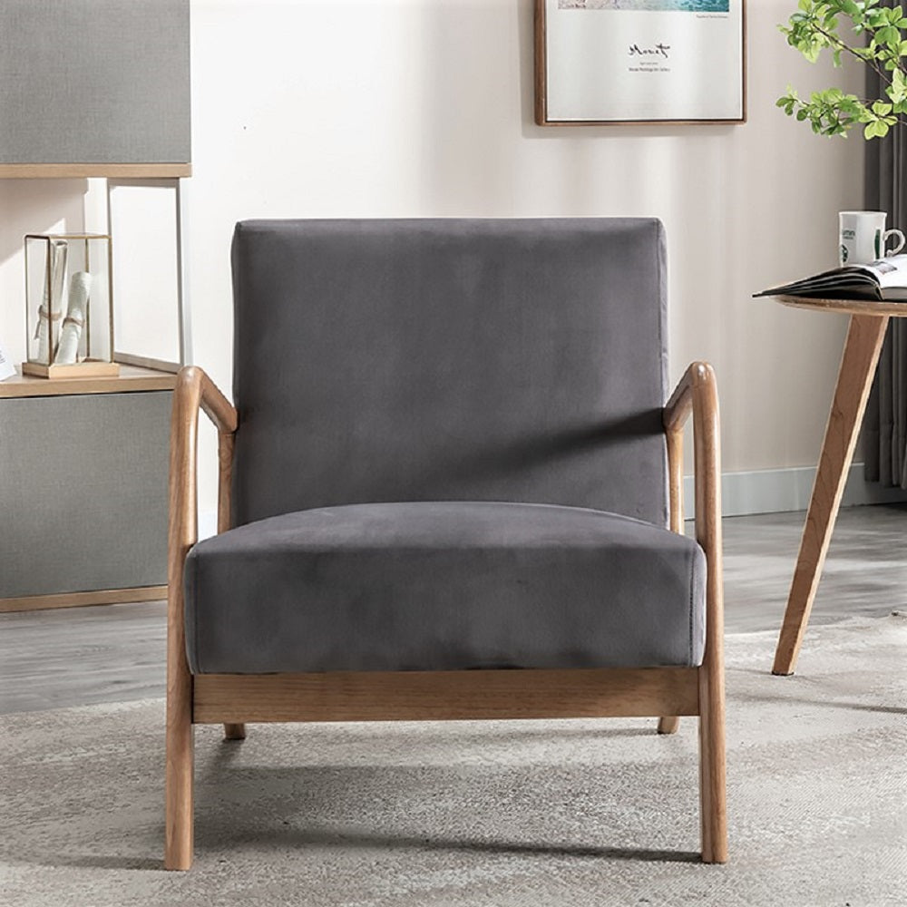 Classic Mid Century Modern Accent Chairs for Living Room or Bedroom, Espresso Finish Open-Framed Armchair with Plush Cushioning and Velvet Fabric, Gray