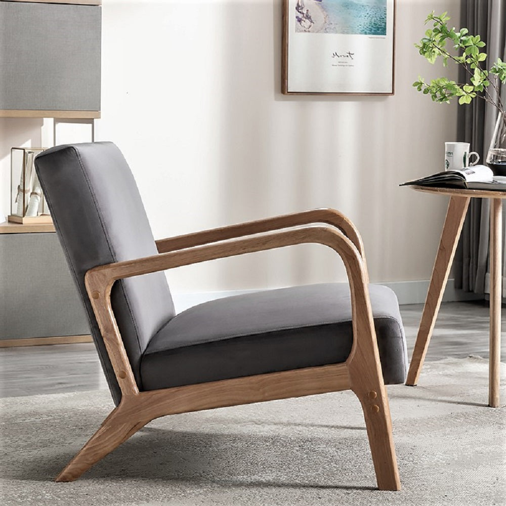 Classic Mid Century Modern Accent Chairs for Living Room or Bedroom, Espresso Finish Open-Framed Armchair with Plush Cushioning and Velvet Fabric, Gray