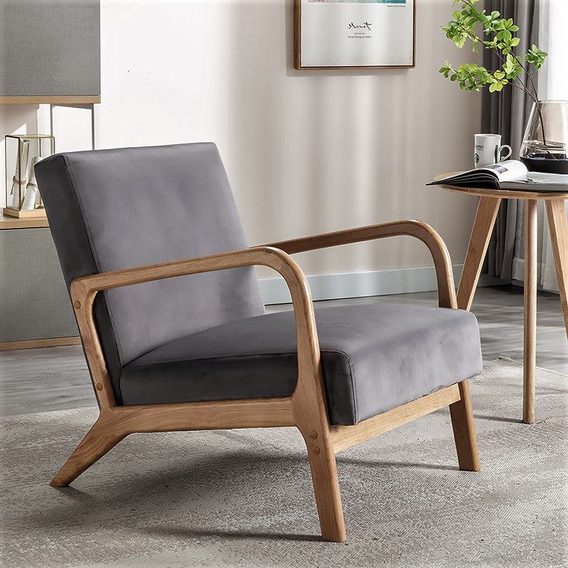 Classic Mid Century Modern Accent Chairs for Living Room or Bedroom, Espresso Finish Open-Framed Armchair with Plush Cushioning and Velvet Fabric, Gray