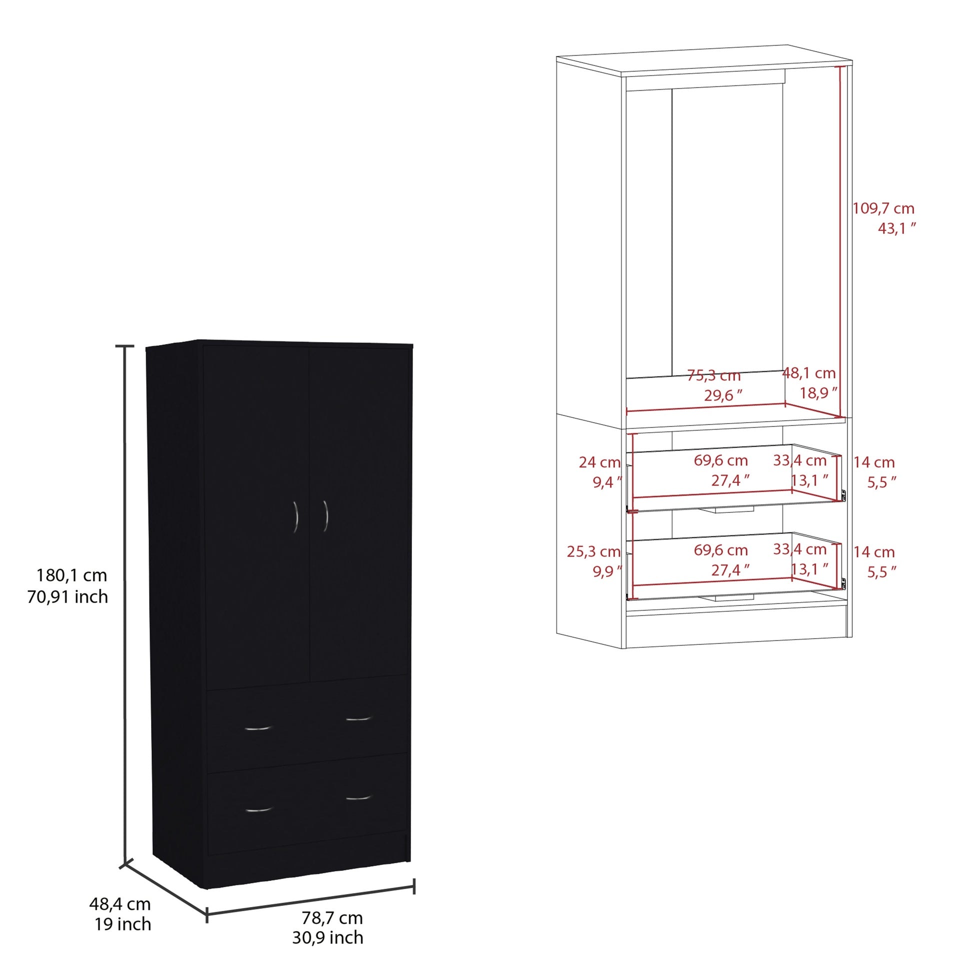 Taly Armoire with Double Doors, 2 Drawers, and Hanging Rod Black