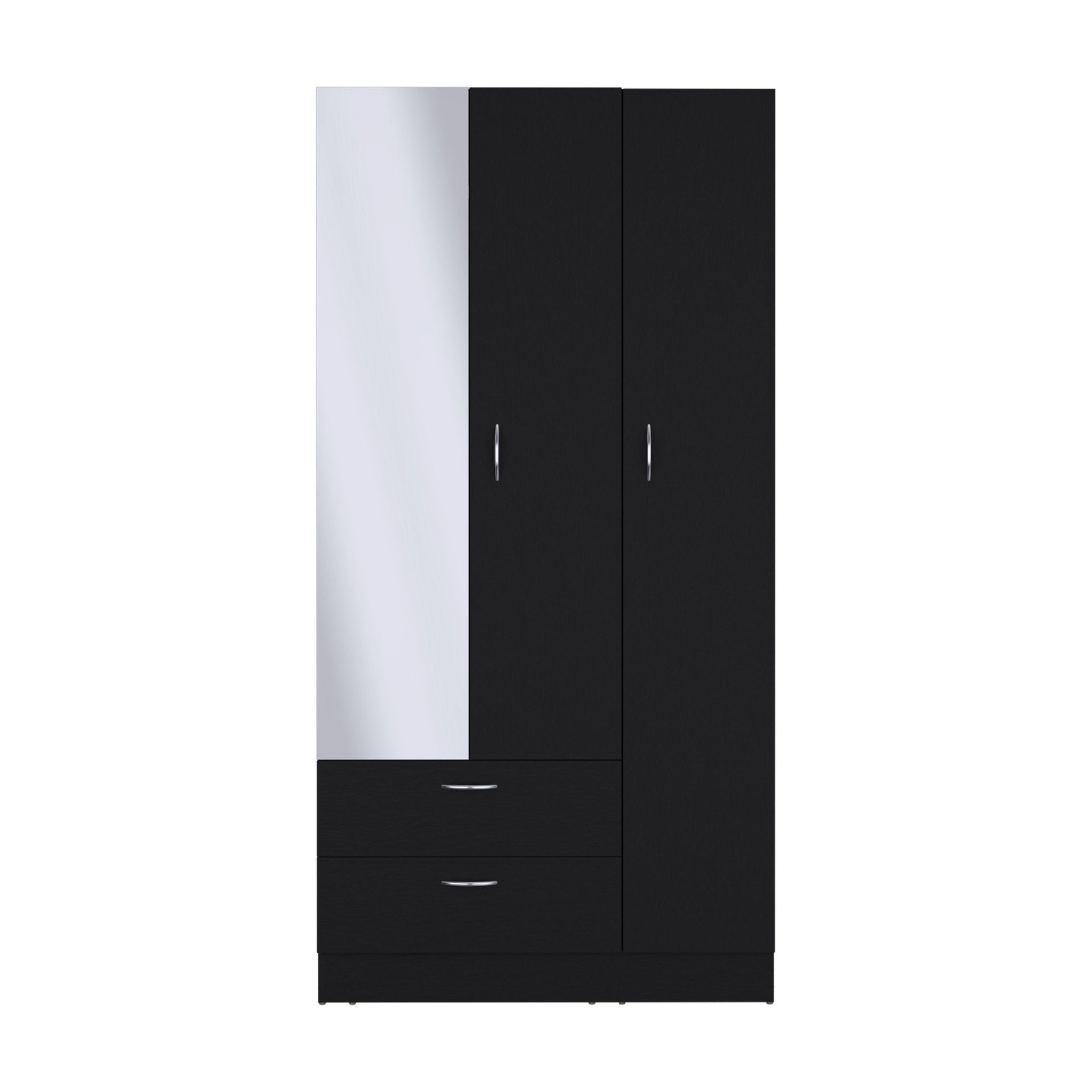 Riverside 3 Door Mirrored Armoire with Two Drawers, Four Shelves, and Hanging Rod Black