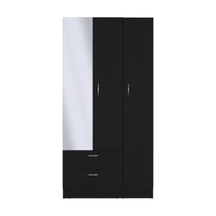 Riverside 3 Door Mirrored Armoire with Two Drawers, Four Shelves, and Hanging Rod Black