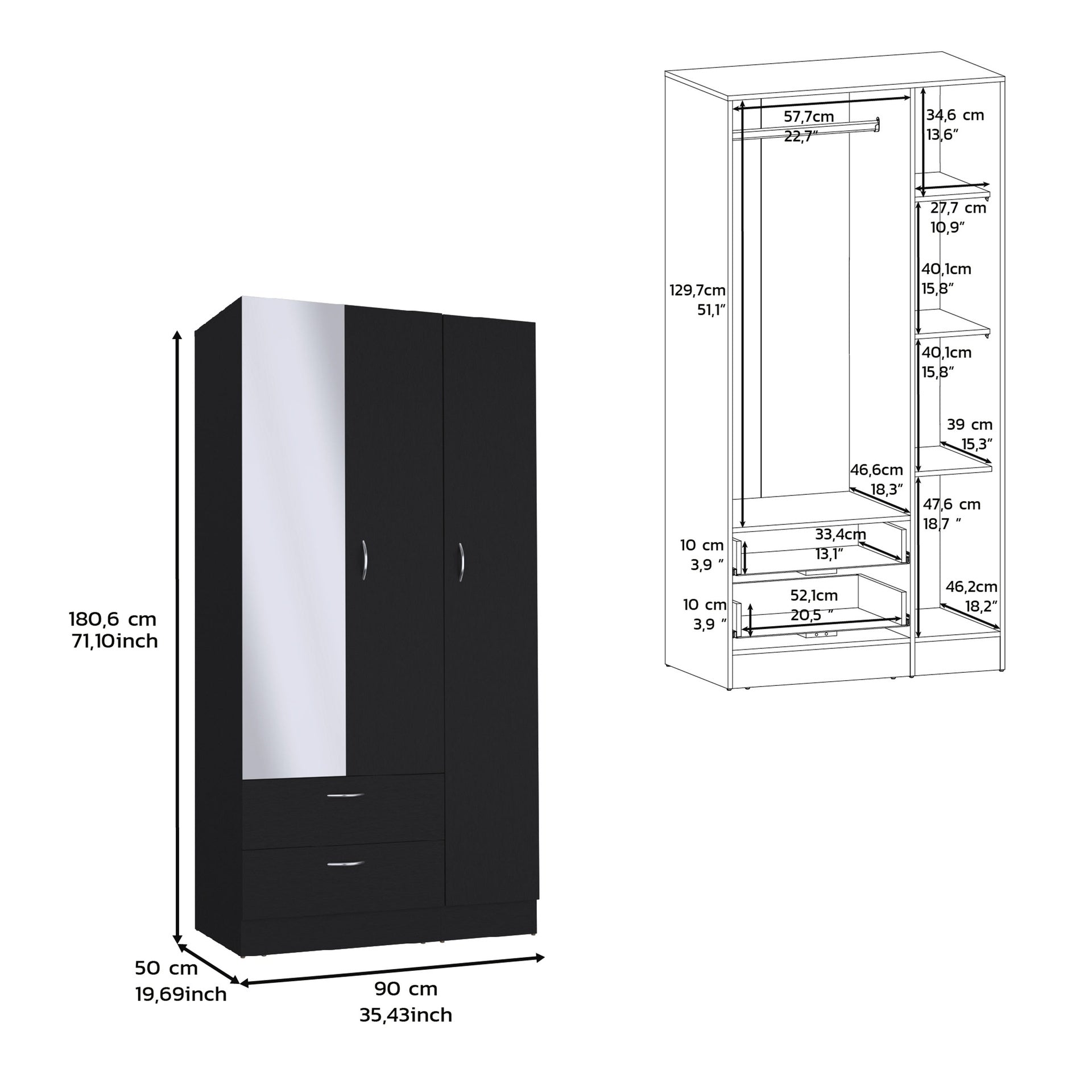 Riverside 3 Door Mirrored Armoire with Two Drawers, Four Shelves, and Hanging Rod Black