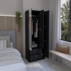 Riverside 3 Door Mirrored Armoire with Two Drawers, Four Shelves, and Hanging Rod Black