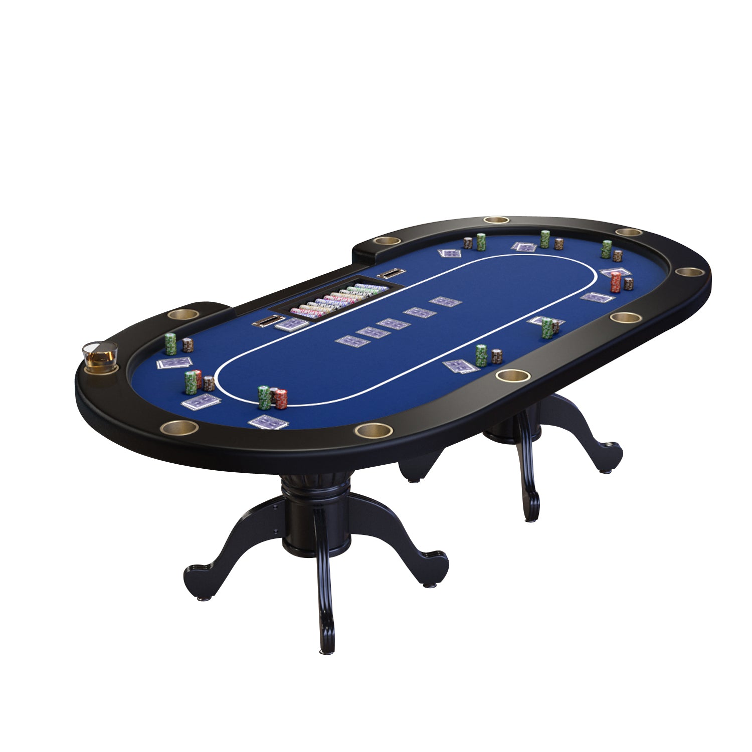 96" Poker Table for Texas Holdem Casino Game Premium Aura Oval with Waterproof Felt Cup Holders Chips Tray Drop Box Blue