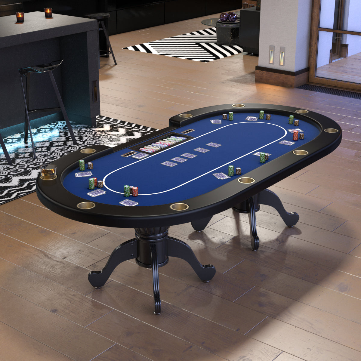 96" Poker Table for Texas Holdem Casino Game Premium Aura Oval with Waterproof Felt Cup Holders Chips Tray Drop Box Blue