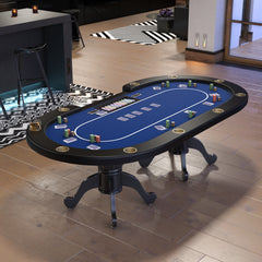 96" Poker Table for Texas Holdem Casino Game Premium Aura Oval with Waterproof Felt Cup Holders Chips Tray Drop Box Blue