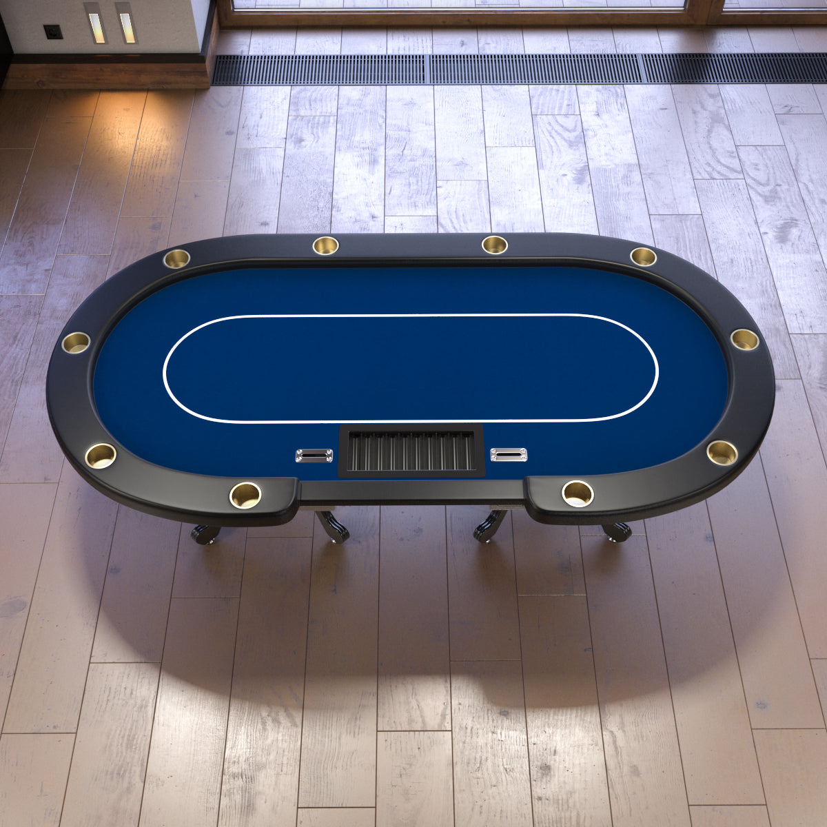 96" Poker Table for Texas Holdem Casino Game Premium Aura Oval with Waterproof Felt Cup Holders Chips Tray Drop Box Blue