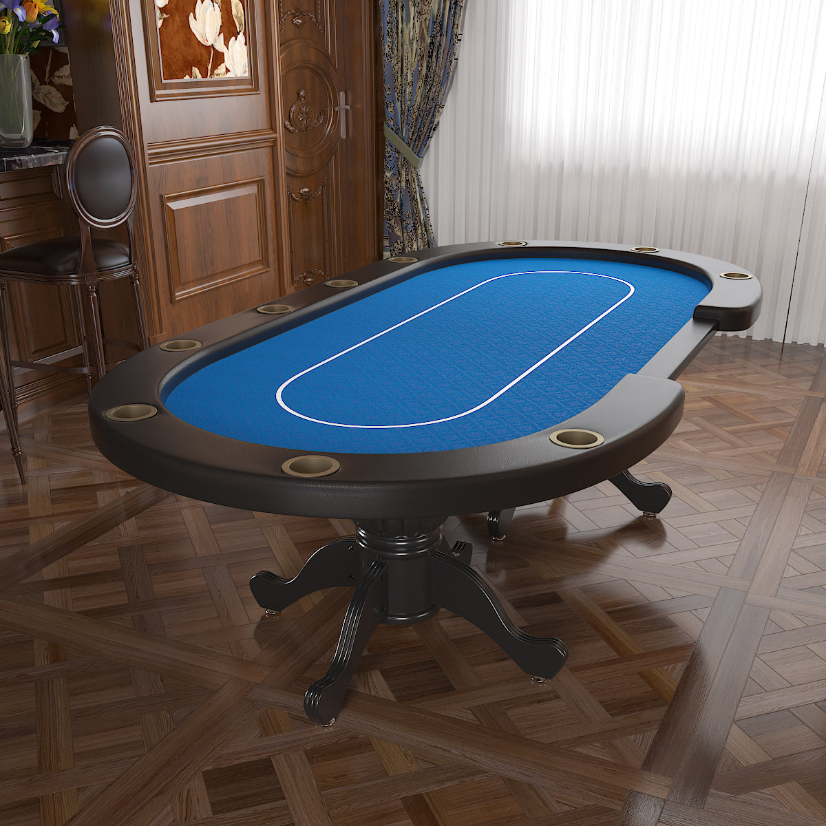 96" Oval Aura Poker Table for 10 Players Texas Holdem Poker Card with Bet Line Felt Surface Jumbo Cup Holders Blue