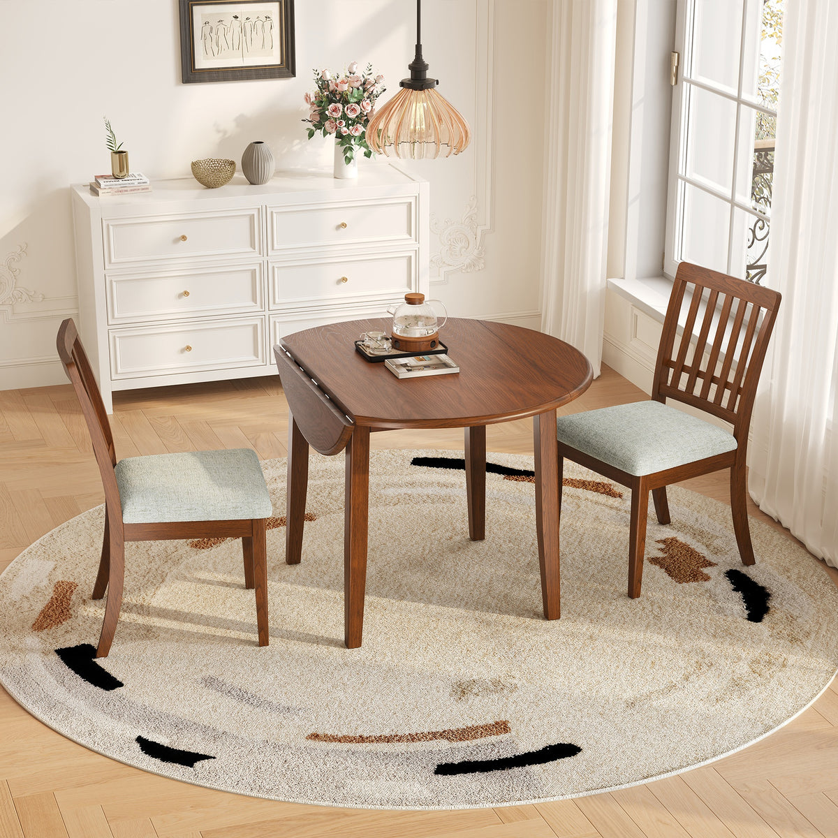 3-Piece Round Dining Table Set for 2 People, 1 Folding Wood Dining Table + 2 Upholstered Chairs, Space-Saving Design for Small Apartments and Dining Areas - BROWN