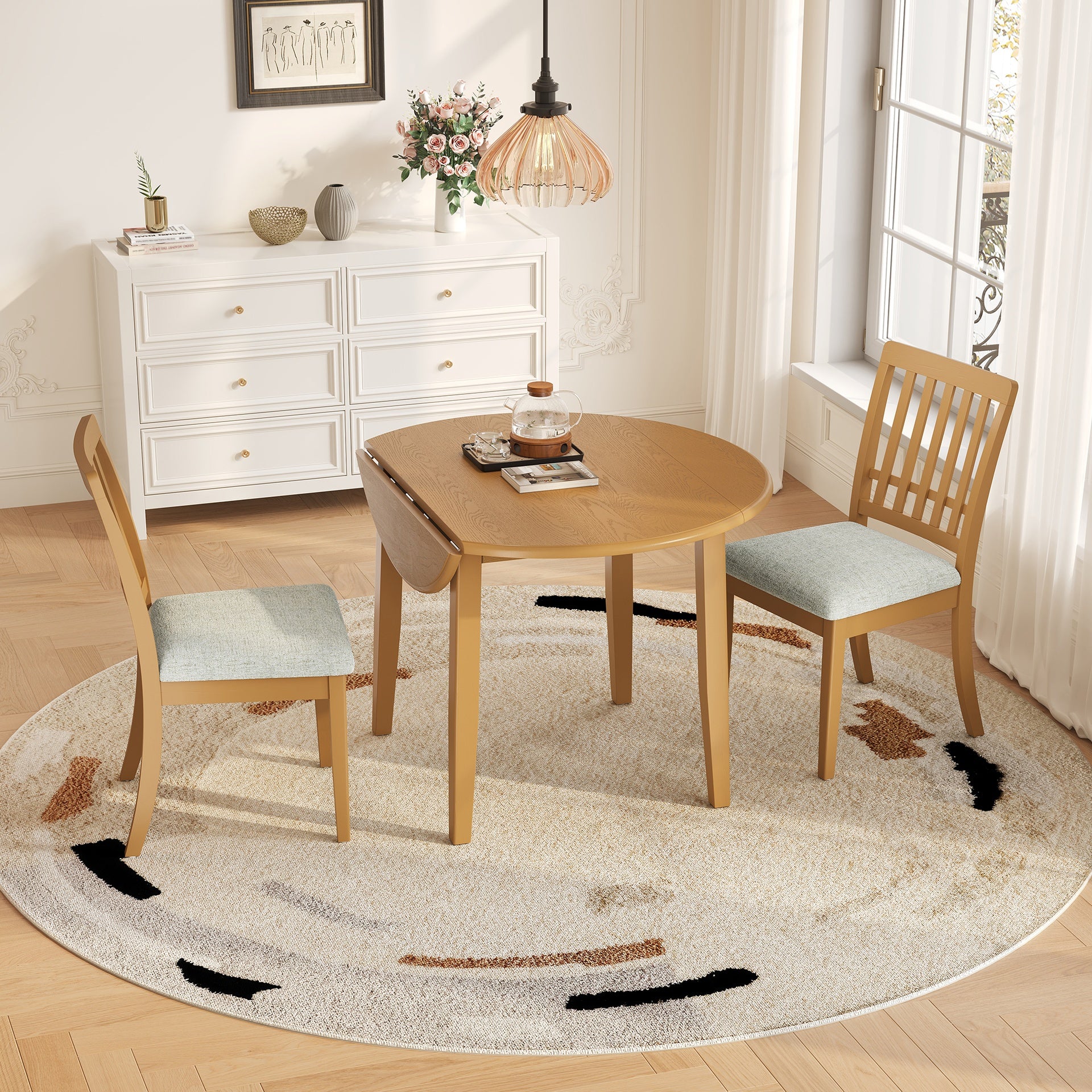 3-Piece Round Dining Table Set for 2 People, 1 Folding Wood Dining Table + 2 Upholstered Chairs, Space-Saving Design for Small Apartments and Dining Areas -LIGHT BROWN