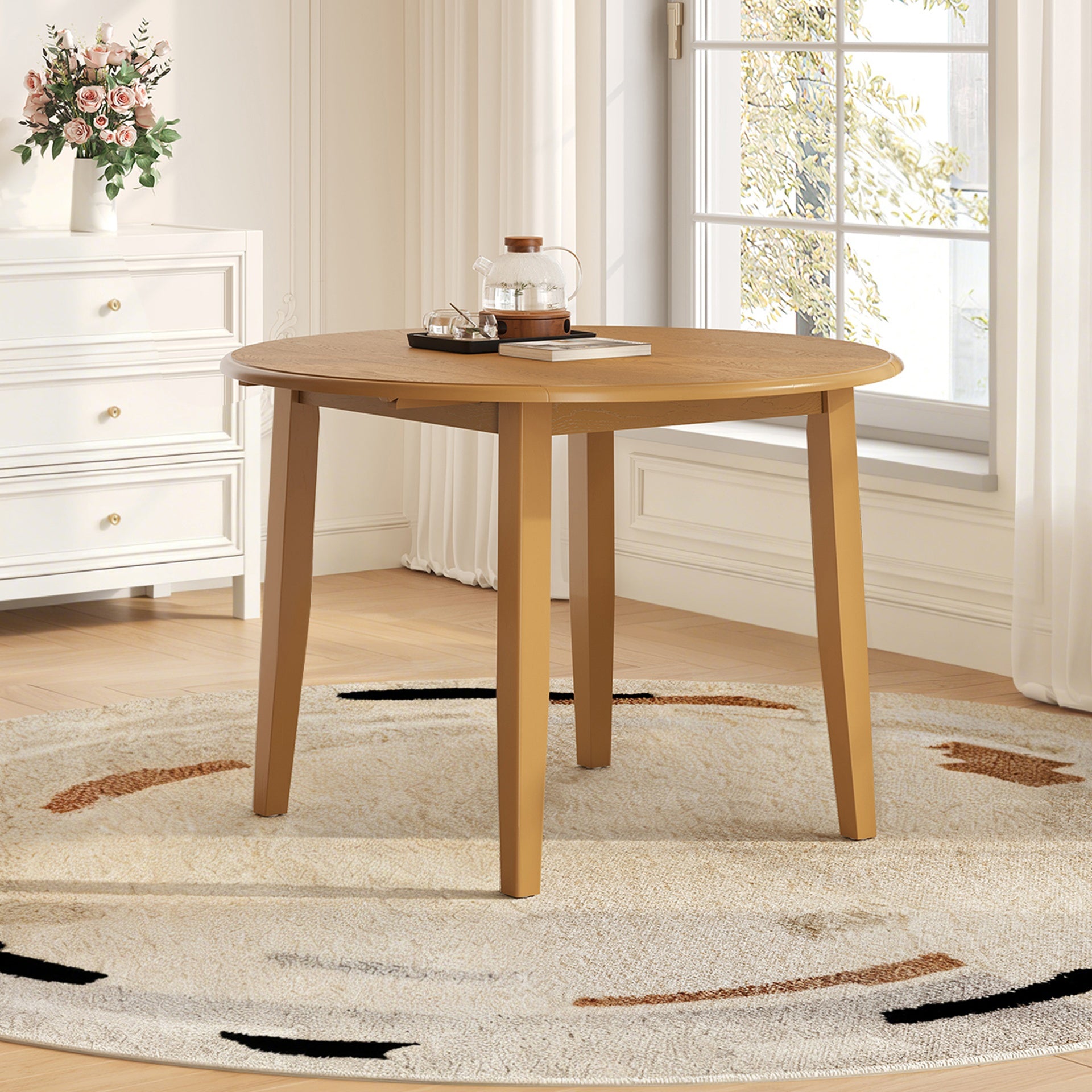 Extendable Round Dining Table for 2–4 People, Folding Wood Dining Table with Adjustable Size, Space-Saving Design for Small Apartments and Dining Areas - LIGHT BROWN