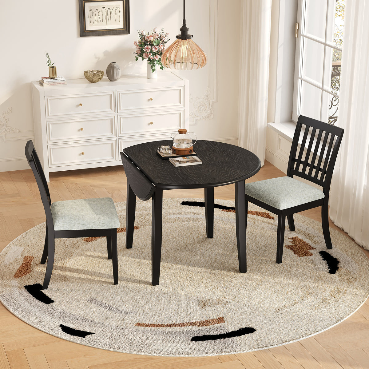 3-Piece Round Dining Table Set for 2 People, 1 Folding Wood Dining Table + 2 Upholstered Chairs, Space-Saving Design for Small Apartments and Dining Areas - BLACK