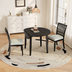 3-Piece Round Dining Table Set for 2 People, 1 Folding Wood Dining Table + 2 Upholstered Chairs, Space-Saving Design for Small Apartments and Dining Areas - BLACK